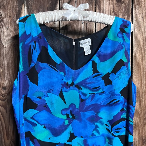 Chico’s 100% Silk Elegant Watercolor Blue Teal Floral Ruffle Maxi Dress Sz Large - Picture 4 of 11